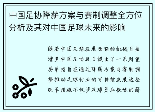 中国足协降薪方案与赛制调整全方位分析及其对中国足球未来的影响