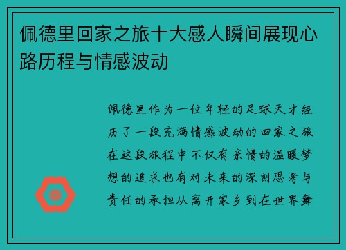 佩德里回家之旅十大感人瞬间展现心路历程与情感波动